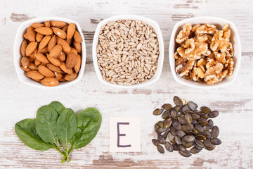 Products and ingredients containing vitamin E and dietary fiber, healthy nutrition concept
