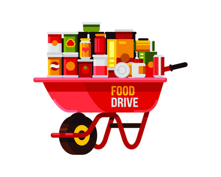 canned food drive with red wheelbarrow flat style vector illustration