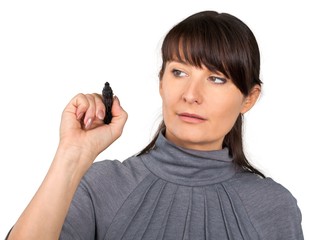 Woman in grey flannel holding marking pen