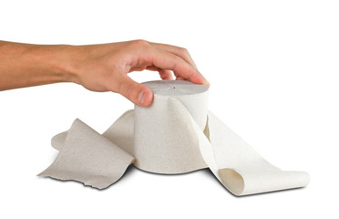 Hand holding toilet paper on white background. Close up