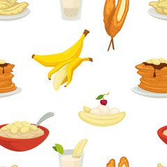 Desserts types, banana with peel and bread bakery seamless pattern vector.