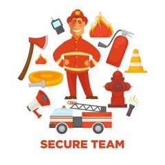 Firefighting and fire protection poster of extinguishing equipment tools.