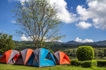 Camping in Green Grass With Blue Sky Background