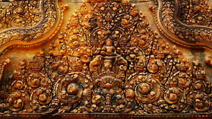 Carved ornament, at banteay srei temple Angkor wat archaeologic park ,Cambodia