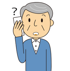 二頭身　男性　シニア　電話するおじいちゃん　耳が聞こえにくい