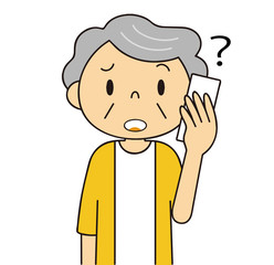二頭身　シニア　女性　電話するおばあちゃん　困る