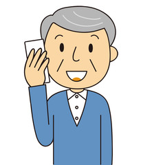 二頭身　男性　シニア　電話するおじいちゃん　笑顔