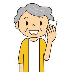 二頭身　シニア　女性　電話するおばあちゃん　笑顔