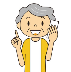 二頭身　シニア　女性　電話するおばあちゃん　笑顔　人差し指をさす