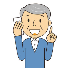 二頭身　男性　シニア　電話するおじいちゃん　笑顔　人差し指をさす