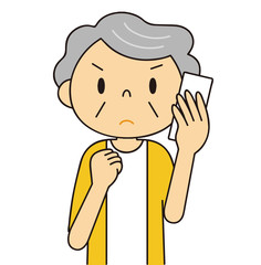 二頭身　シニア　女性　電話するおばあちゃん　握りこぶし　怒る