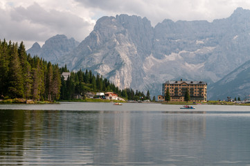The calm waters of Lake Misurina in the Italian Dolomites, just before sunset.