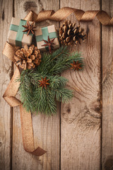 Christmas decorations on old wooden background