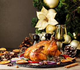 Baked turkey or chiken or Christmas or New Year Thanksgiving Day space for text