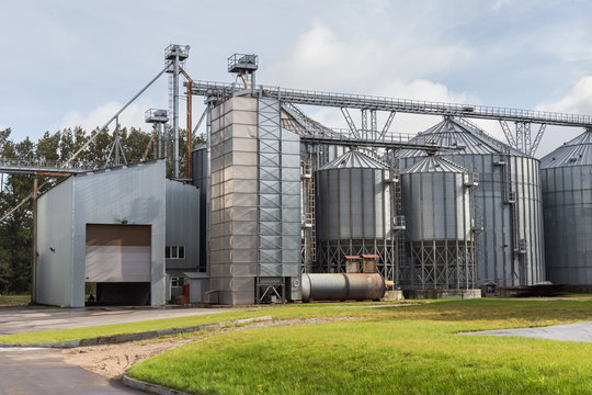 Exterior of Agricultural Silo building with storage tanks for agricultural crops processing plant, drying of grains, rape, wheat, corn, soy, sunflower.