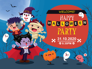 Vintage Halloween poster design with vector witch, ghost, mummy, zombie, demon, Jack O Lantern, monster character.  