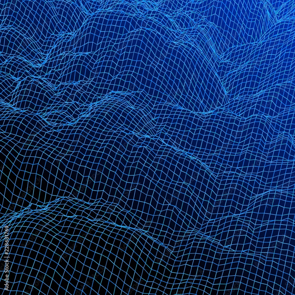 Poster Digital landscape with mountains or clouds made of line grid