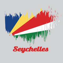 Brush style color flag of Seychelles, five oblique bands of blue yellow red white and green with text Seychelles.