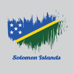 Brush style color flag of Solomon, A thin yellow narrow diagonal stripe divided diagonally with green and blue triangle and star with text Solomon Islands.