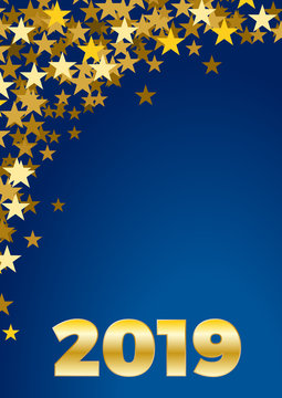 2019 Happy New Year celebrate vertical card with holiday greetings and golden stars