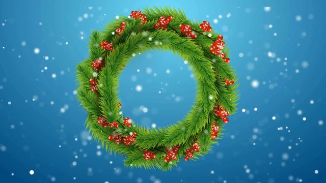 Christmas wreath with holiday decoration rotating on blue background with snow falling. Animation footage.