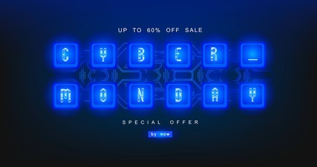 Cyber monday, mechanical panel letters. Typography, font. Digital author font, cyber font. Big sale, creative template.
