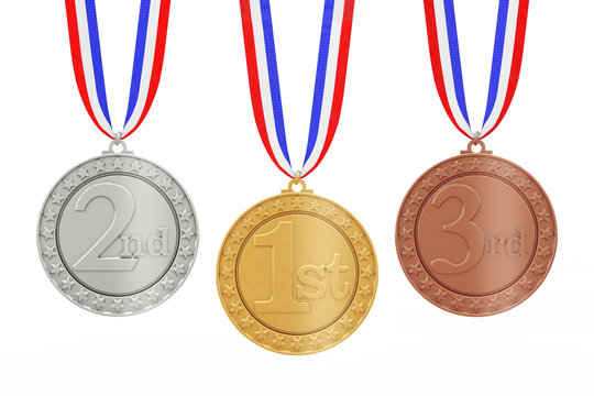 Set of Gold, Silver and Bronze Award Winners Medasl with Ribbons. 3d Rendering