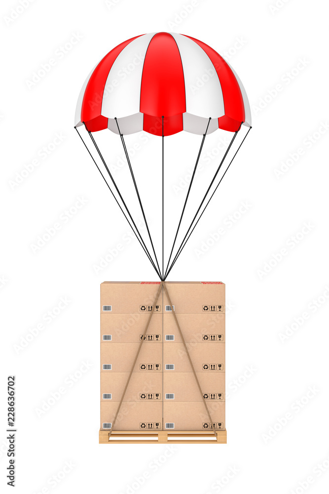 Poster logistics concept. cardboard boxes on wooden palette with parachute. 3d rendering