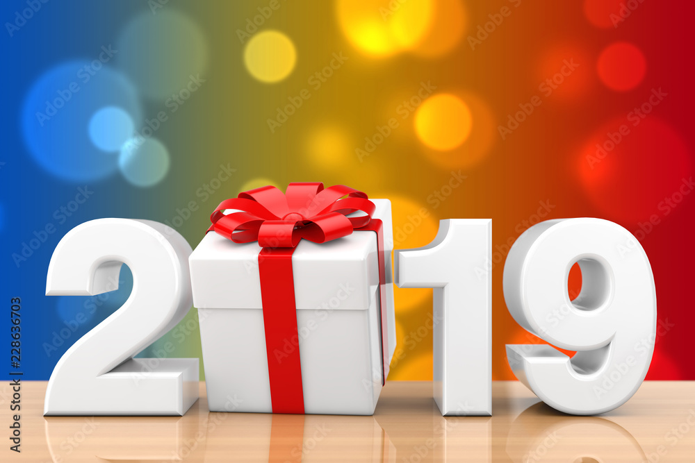 Aufkleber 2019 new year sign with gift box and red ribbon. 3d rendering
