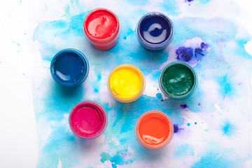 Art Palette with Colorful Paints Close Up top View