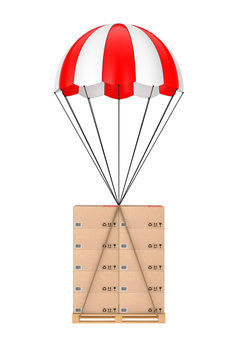Logistics Concept.  Cardboard boxes on Wooden Palette with Parachute. 3d Rendering