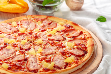Delicious fresh pizza served on wooden table