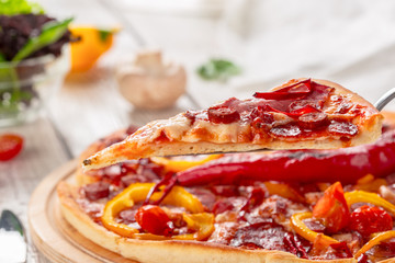 Homemade cheese pizza with salami