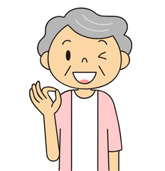 シニア　女性　OKポーズをするおばあちゃん　二頭身