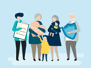 Characters of an extended family with healthcare illustration - obrazy, fototapety, plakaty