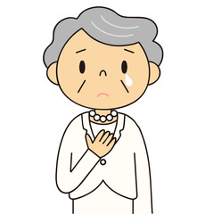 女性　シニア　泣いているおばあちゃん　白いスーツ　冠婚葬祭