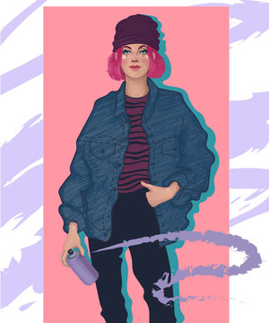 vector  of a stylish fashionable girl rebel with pink hair holding a spray with paint, drawing graffiti on the walls