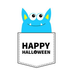 Happy Halloween. Blue monster silhouette in the pocket looking up. Cute cartoon scary funny baby character. T-shirt design. Eyes, fang tooth, ears. White background. Flat design.