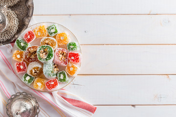 Turkish delight on a wooden table