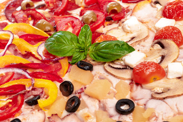 Italian fast food. Delicious hot pizza sliced and served on wooden platter isolated on white background