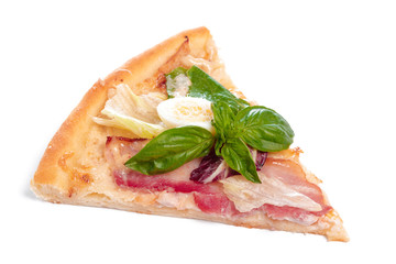 Slice of fresh pizza with pepperoni isolated on white background