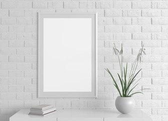 Home interior poster frame mock up on white brick wall. 3d illustration.