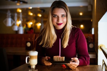 Lady plus size smile with cheesecake ,Cake lover,Women enjoy with her cake, eating  sweets , birthday day 