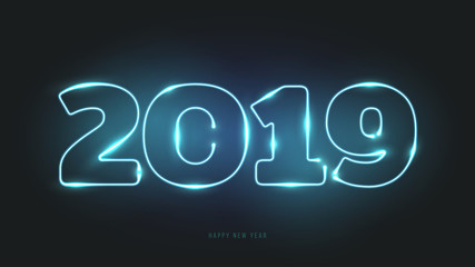 Happy new year design concept. Vector modern neon shine number 2019 on black background. Minimalistic trendy illustration for branding banner, cover, poster, card.