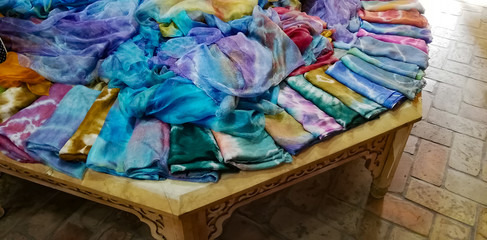 Colorful scarves and silk fabrics produced in the Fergana Valley in Uzbekistan