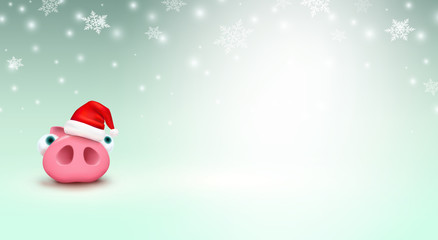 Pig with Christmas Santa Claus hat on winter background. Cute piglet stands under falling snowflakes. Vector xmas or New Year funny little piggy character.
