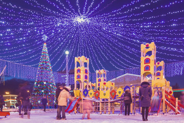 Children's playground in the New Year's decorations on the town 