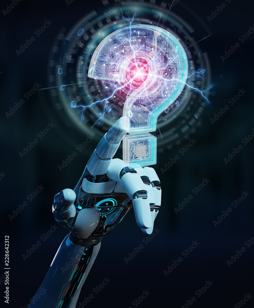 Poster Cyborg solving problem with digital question marks 3D rendering
