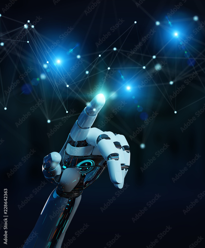 Aufkleber white robot hand using digital network connection 3d rendering