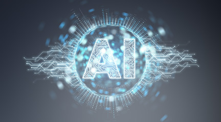 Digital artificial intelligence text hologram 3D rendering